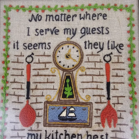 Vintage Framed Crewel Wall Art Kitchen Retro Cottage Farmhouse - Picture 5 of 10